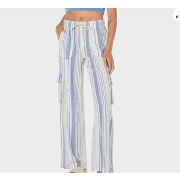 NEW Roxy Women's M Linen Cargo Pants 30" Inseam Blue Striped - Picture 1 of 9